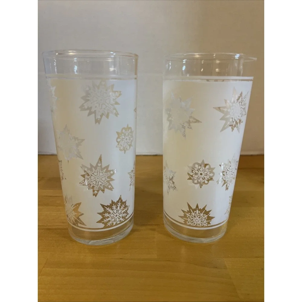 2 White Frosted Atomic Snowflake 10 Oz Federal Glass Tumblers Christmas
